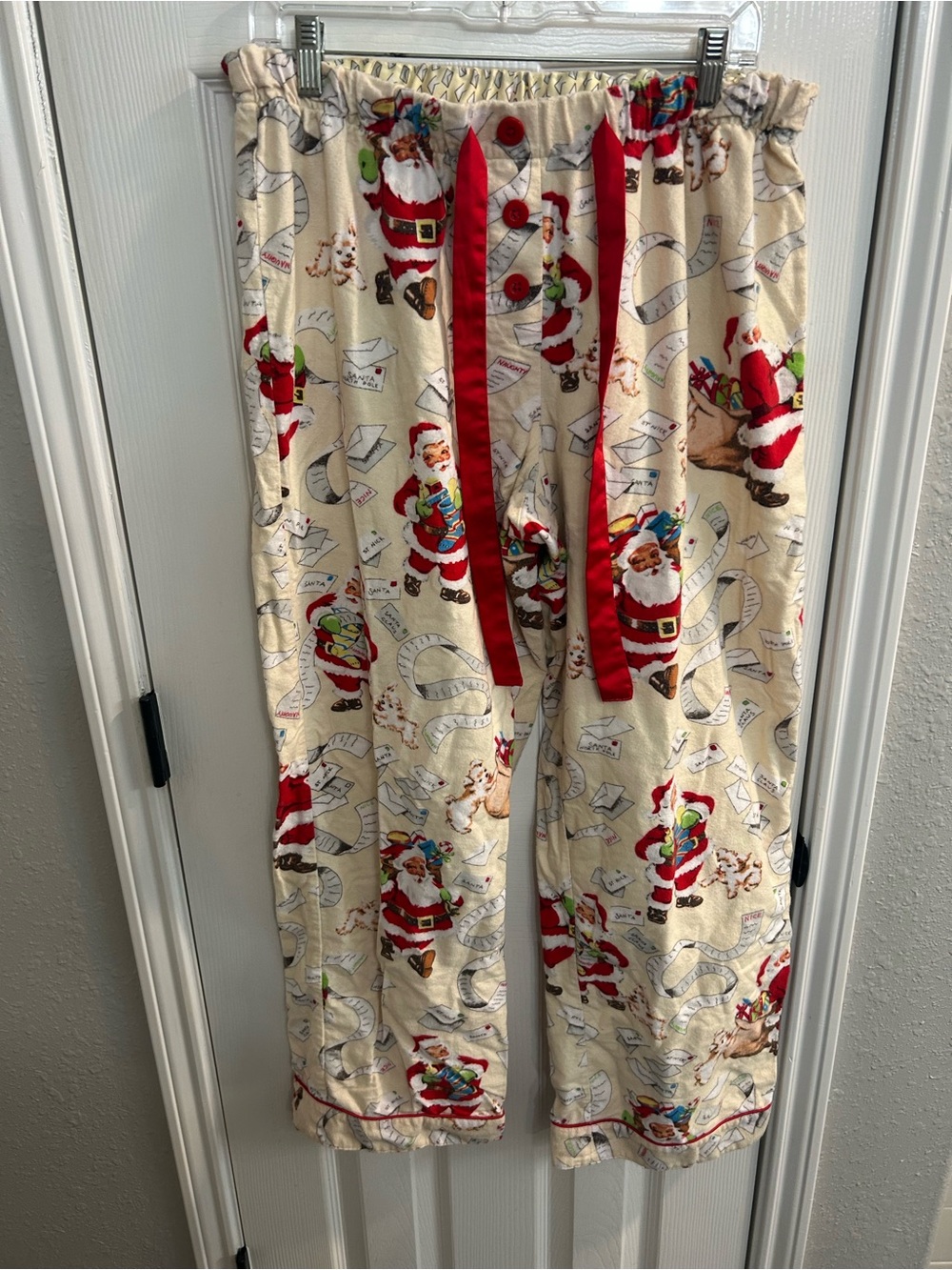 Nick & Nora Pajama Pants Womens Large Santa Claus Christmas Cream Red Lounge PJ